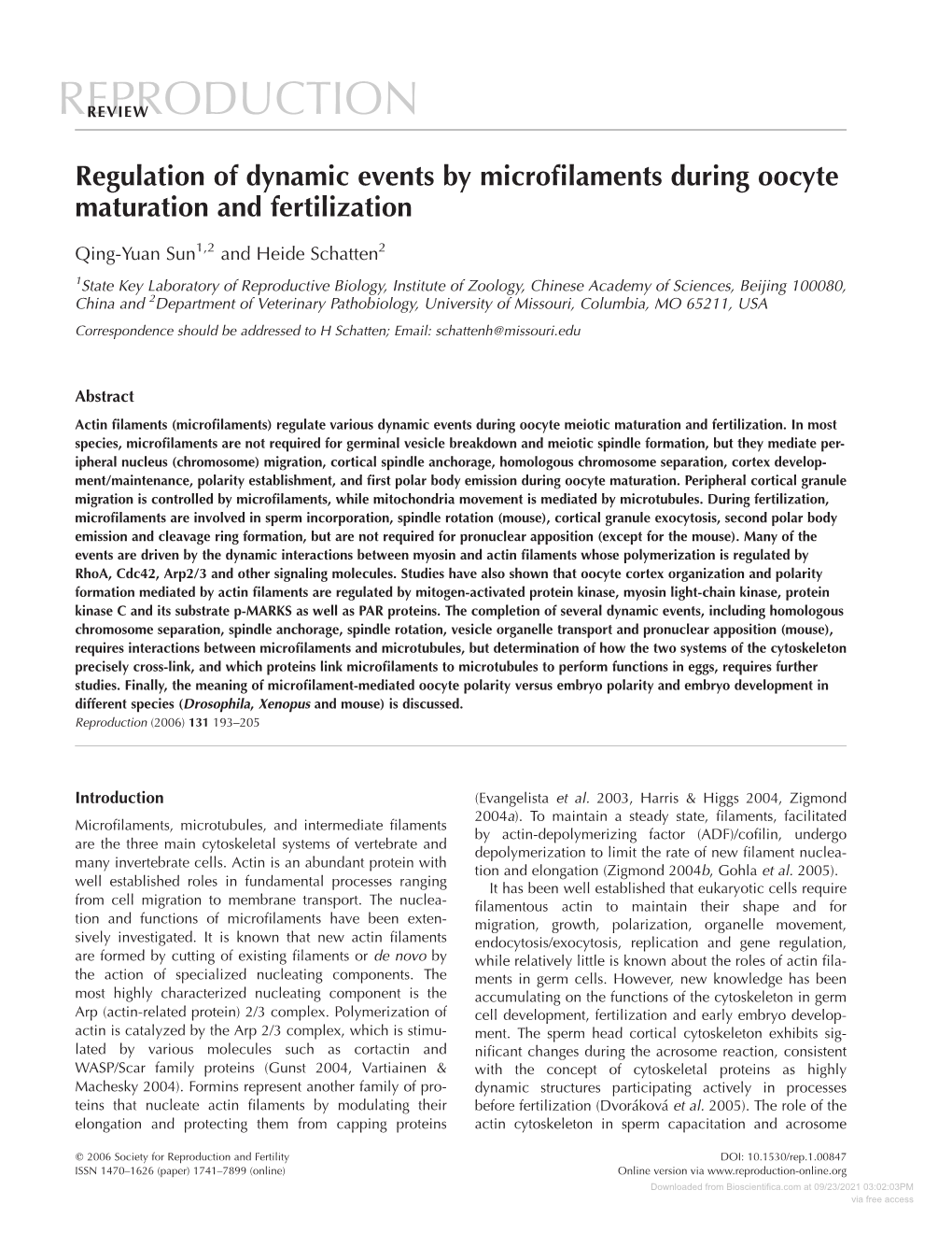 Regulation of Dynamic Events by Microfilaments During Oocyte Maturation and Fertilization