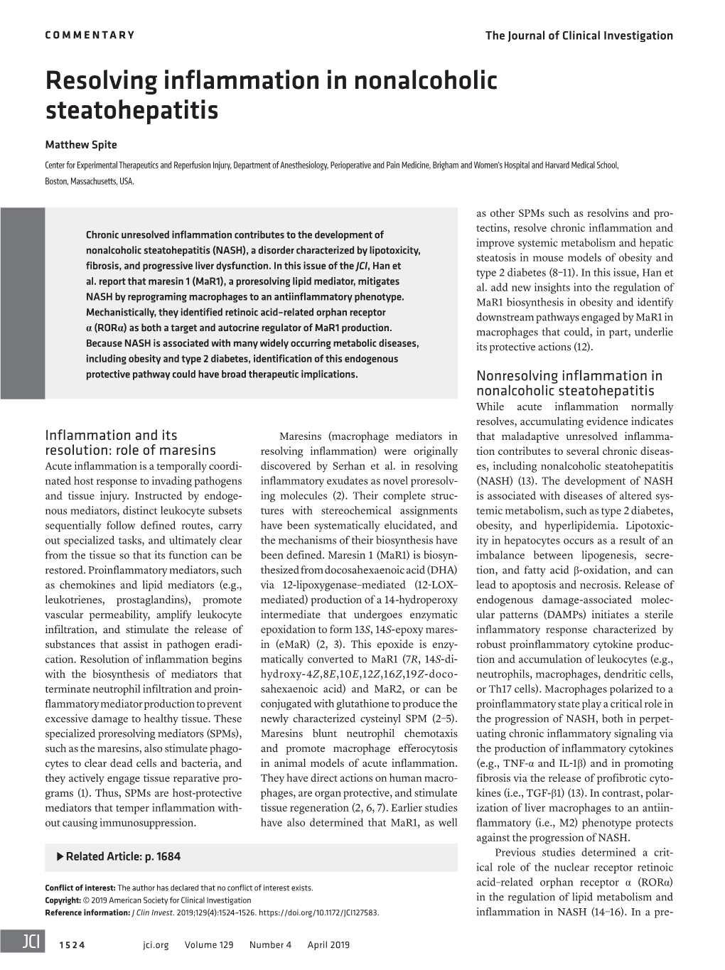 Resolving Inflammation in Nonalcoholic Steatohepatitis