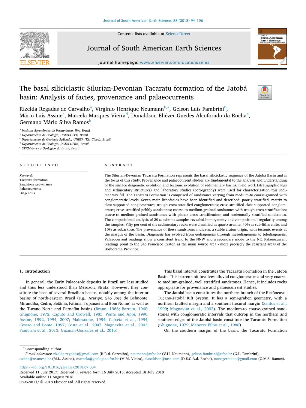 The Basal Siliciclastic Silurian-Devonian Tacaratu Formation of the Jatobá Basin: Analysis of Facies, Provenance and Palaeocurrents T