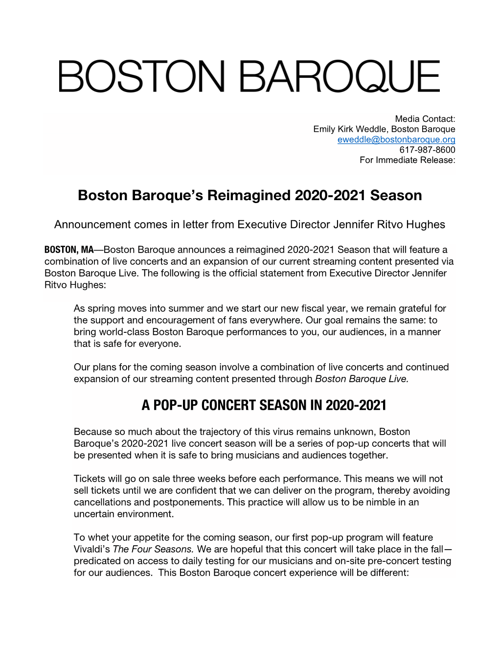 Boston Baroque's Reimagined 2020-2021 Season a POP-UP