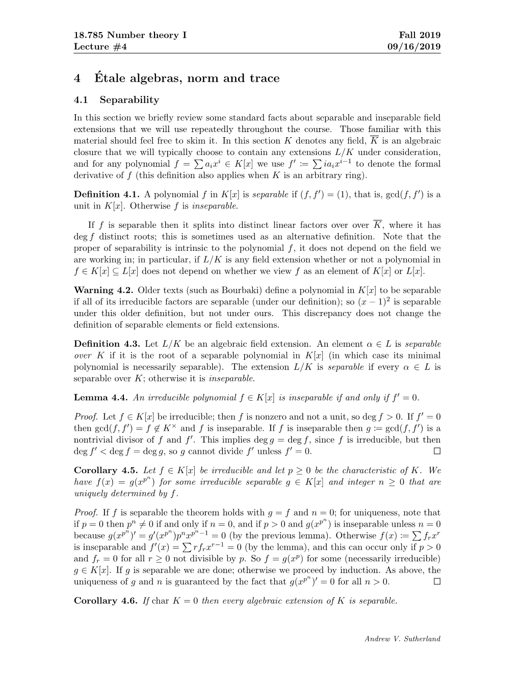 4Étale Algebras, Norm and Trace