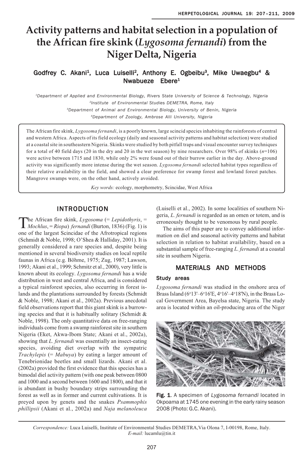 Activity Patterns and Habitat Selection in a Population of the African Fire Skink (Lygosoma Fernandi) from the Niger Delta, Nigeria