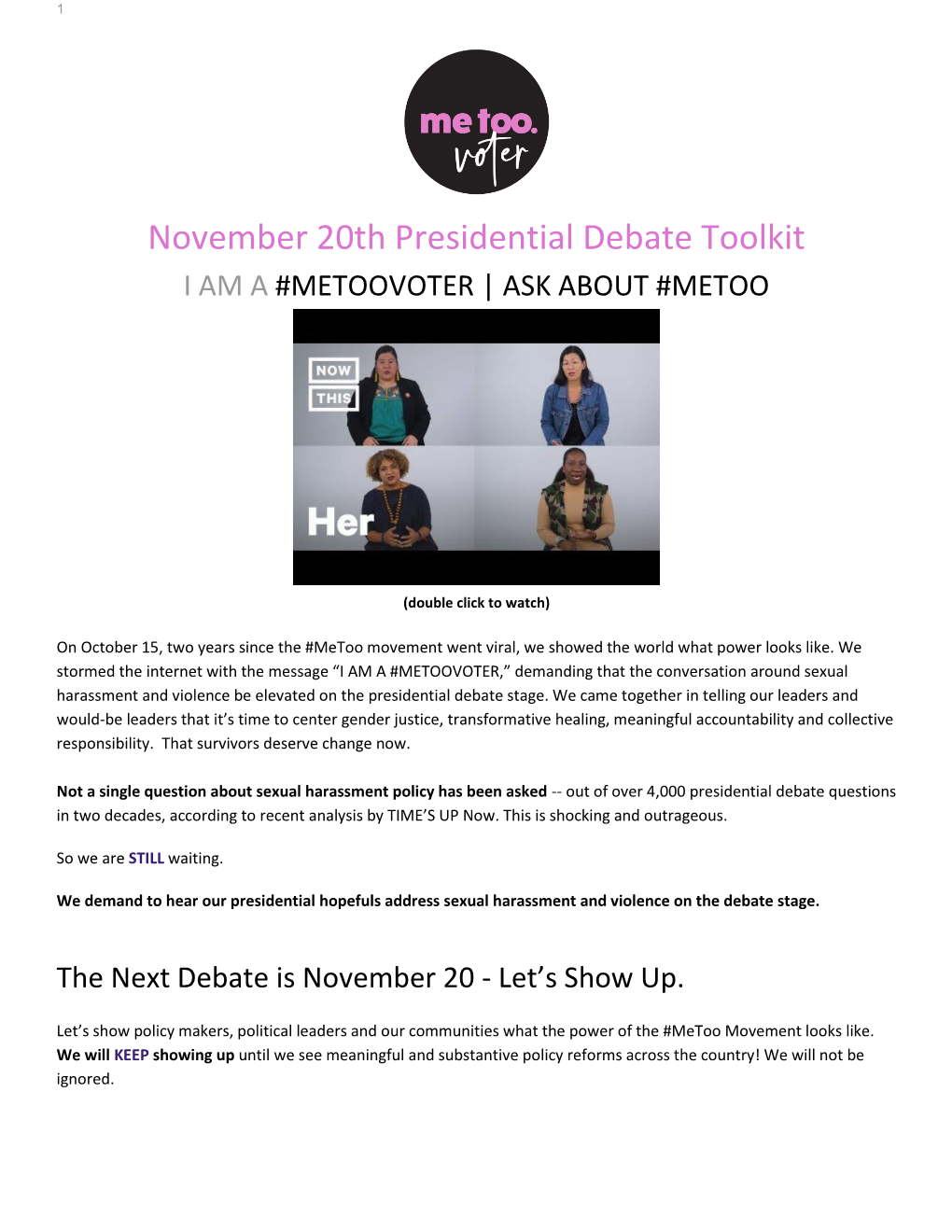 November 20Th Presidential Debate Toolkit I AM a #METOOVOTER | ASK ABOUT #METOO