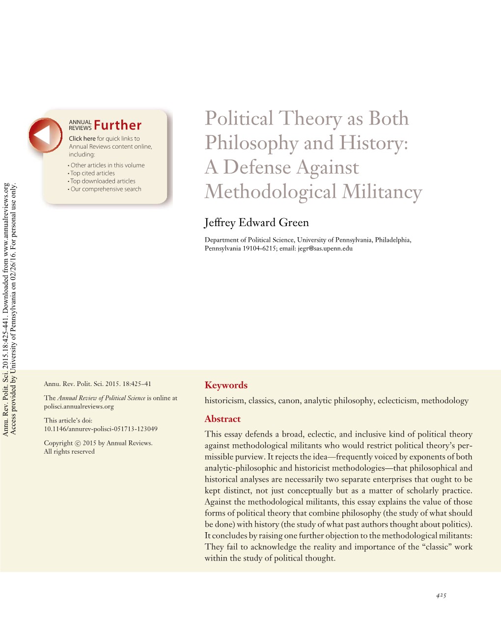 Political Theory As Both Philosophy and History: a Defense Against Methodological Militancy