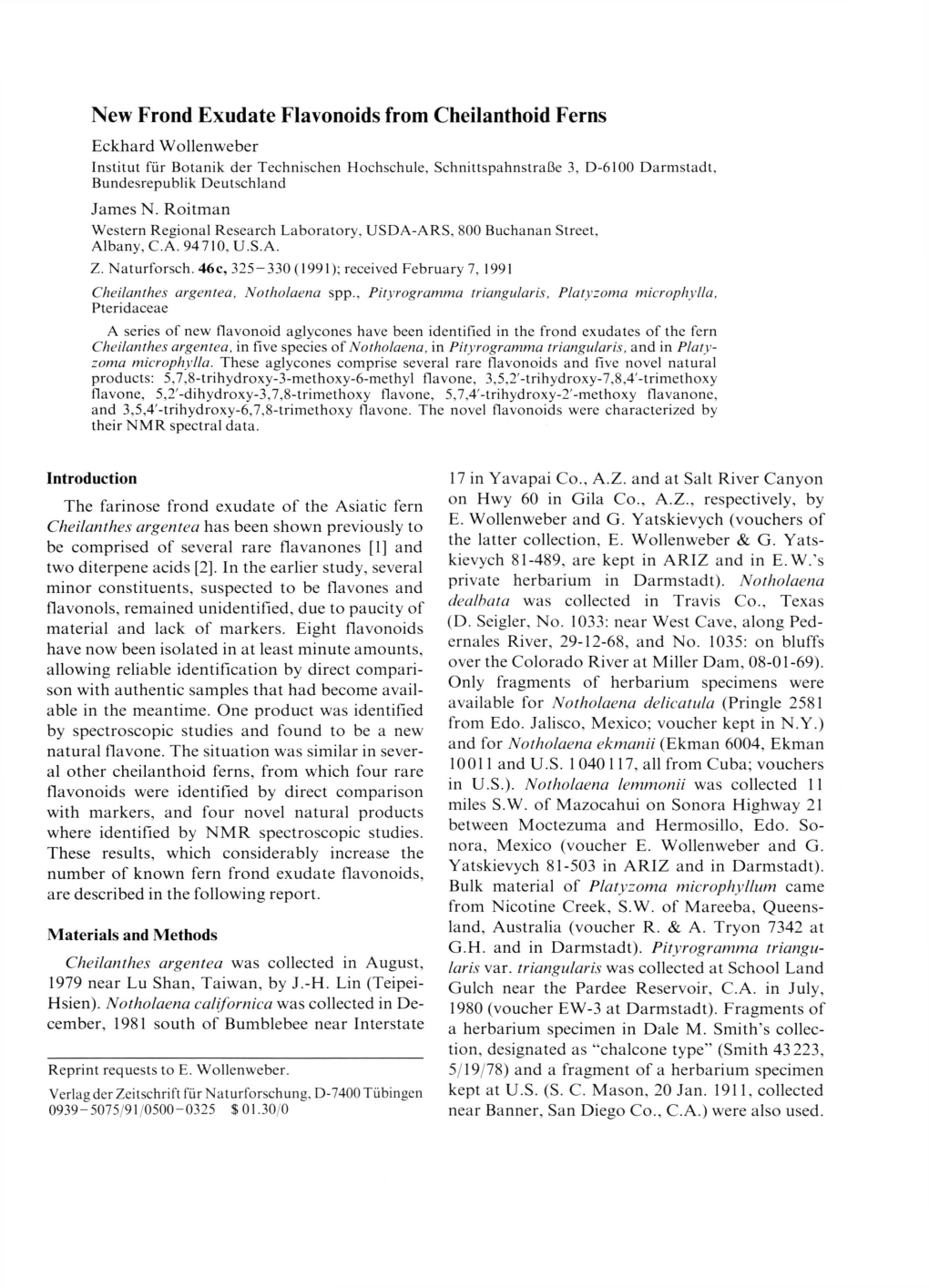 New Frond Exudate Flavonoids from Cheilanthoid Ferns