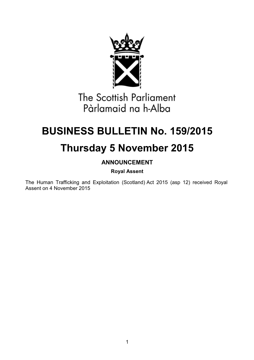 BUSINESS BULLETIN No. 159/2015 Thursday 5 November 2015