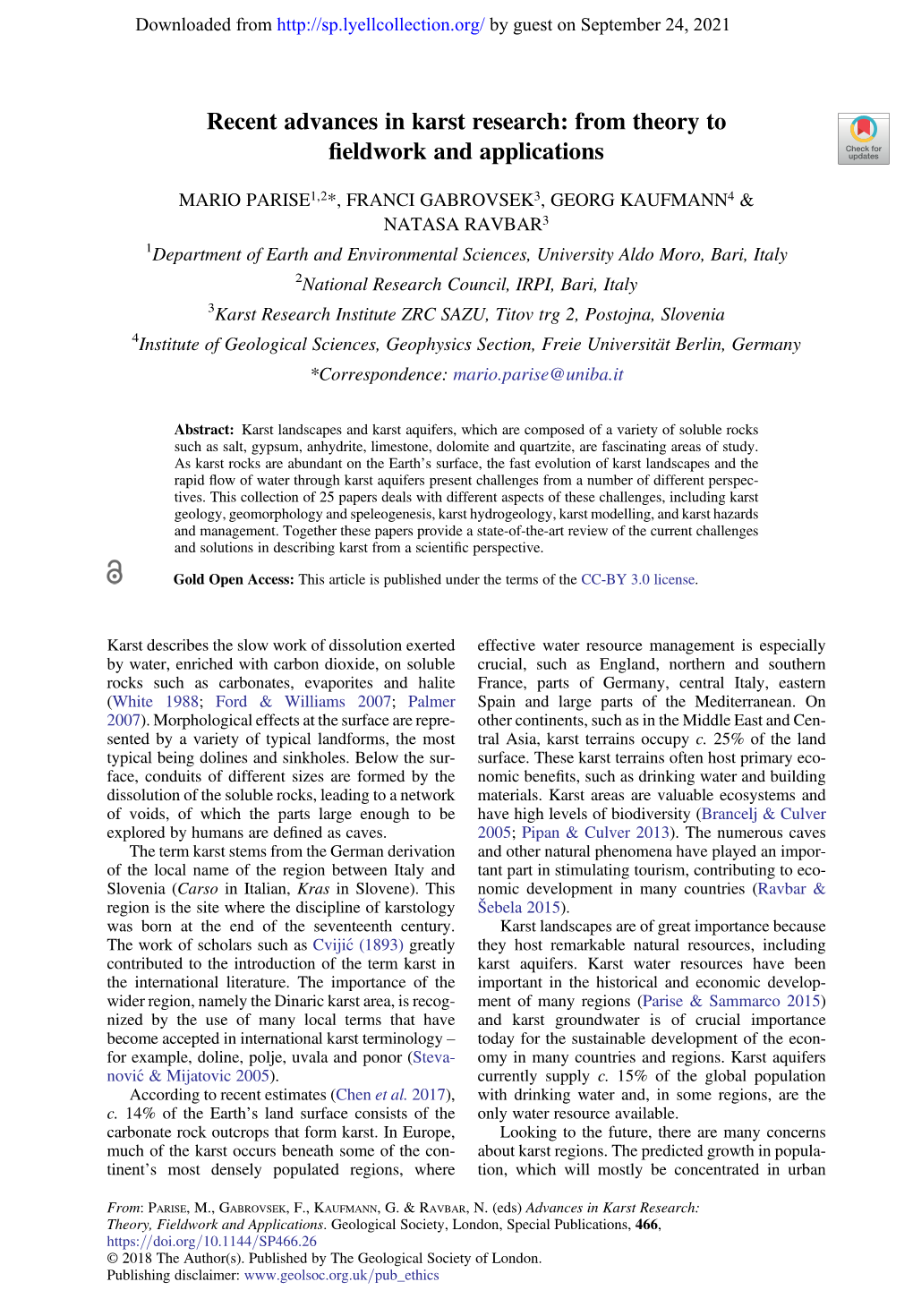 Recent Advances in Karst Research: from Theory to ﬁeldwork and Applications