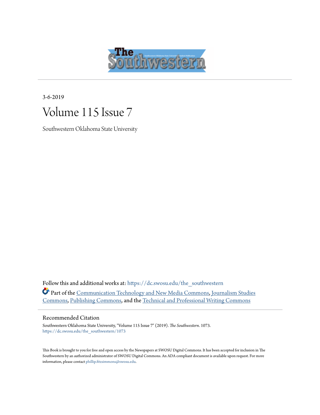 Volume 115 Issue 7 Southwestern Oklahoma State University