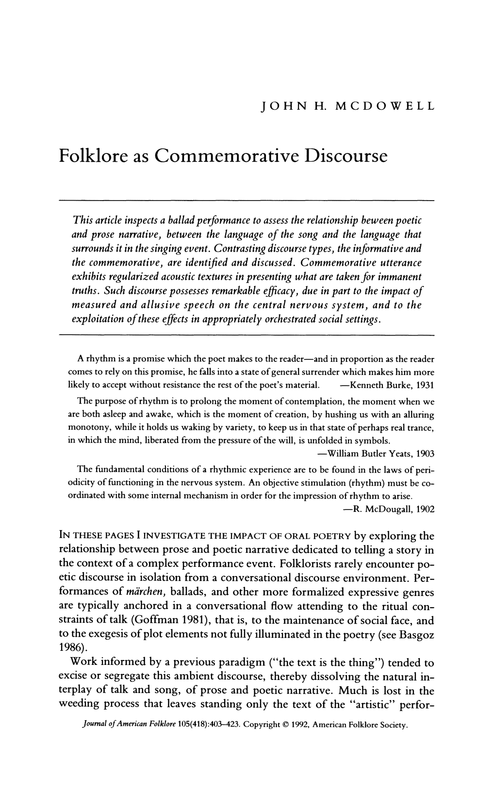 Folklore As Commemorative Discourse