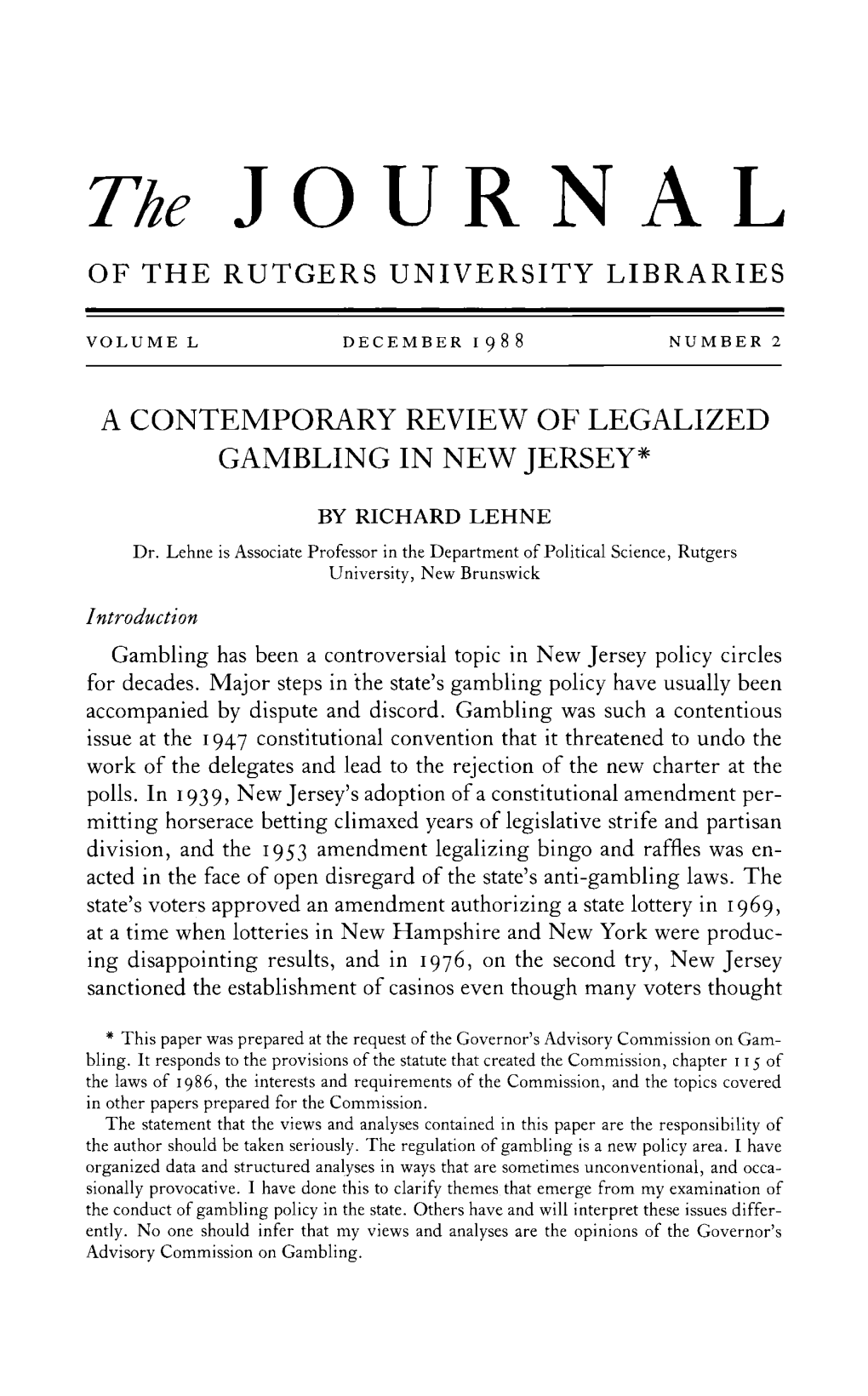 "A Contemporary Review of Legalized Gambling in New Jersey"