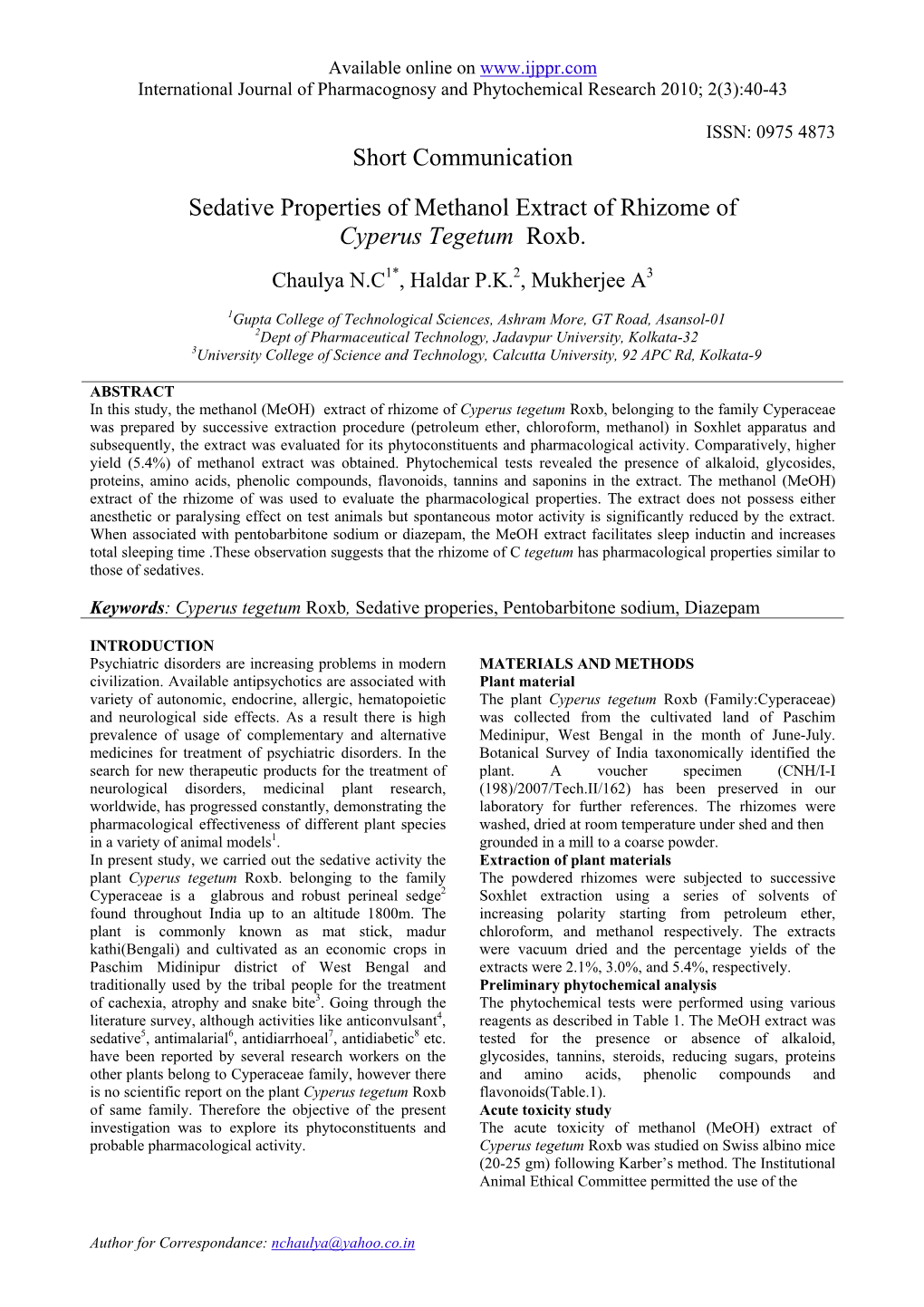 Sedative Properties of the Decoction of the Rhizome of Cyperus Tegetum