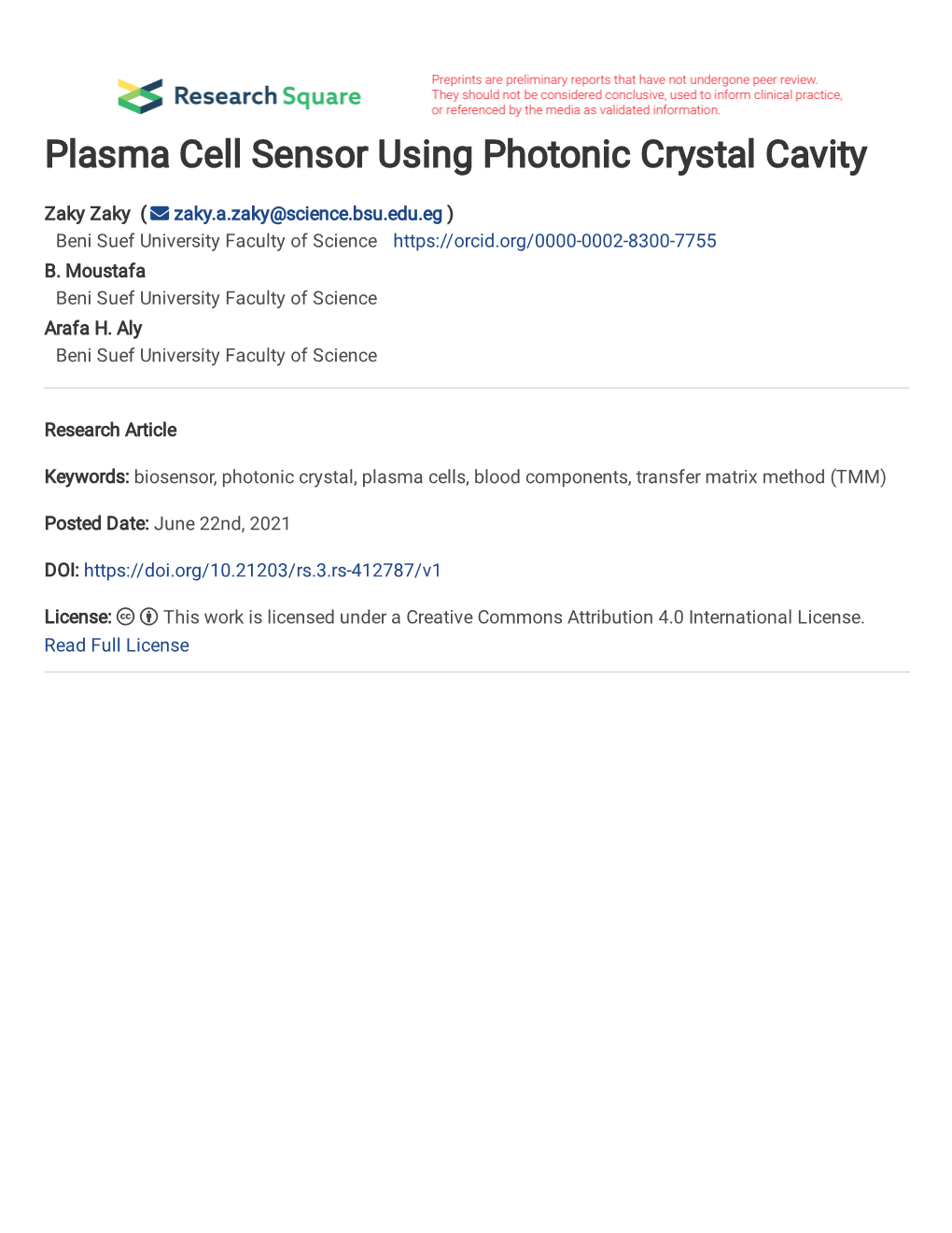 Plasma Cell Sensor Using Photonic Crystal Cavity
