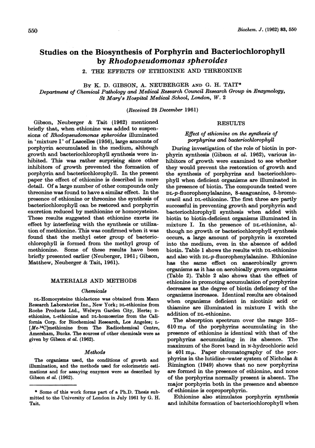 Studies on the Biosynthesis of Porphyrin and Bacteriochlorophyll by Rhodopseudomonas Spheroides 2. the Effects of Ethionine and Threonine