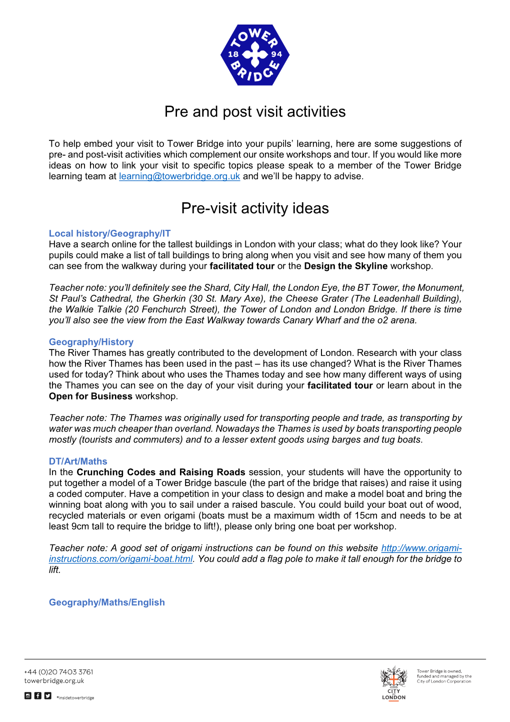 Pre and Post Visit Activities Pre-Visit Activity Ideas