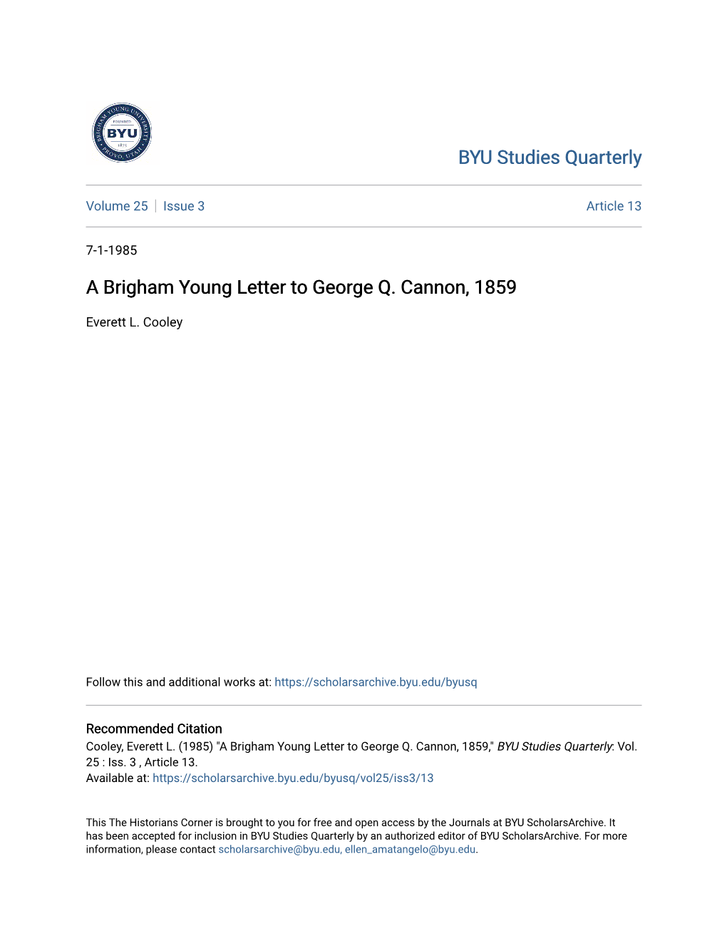 A Brigham Young Letter to George Q. Cannon, 1859