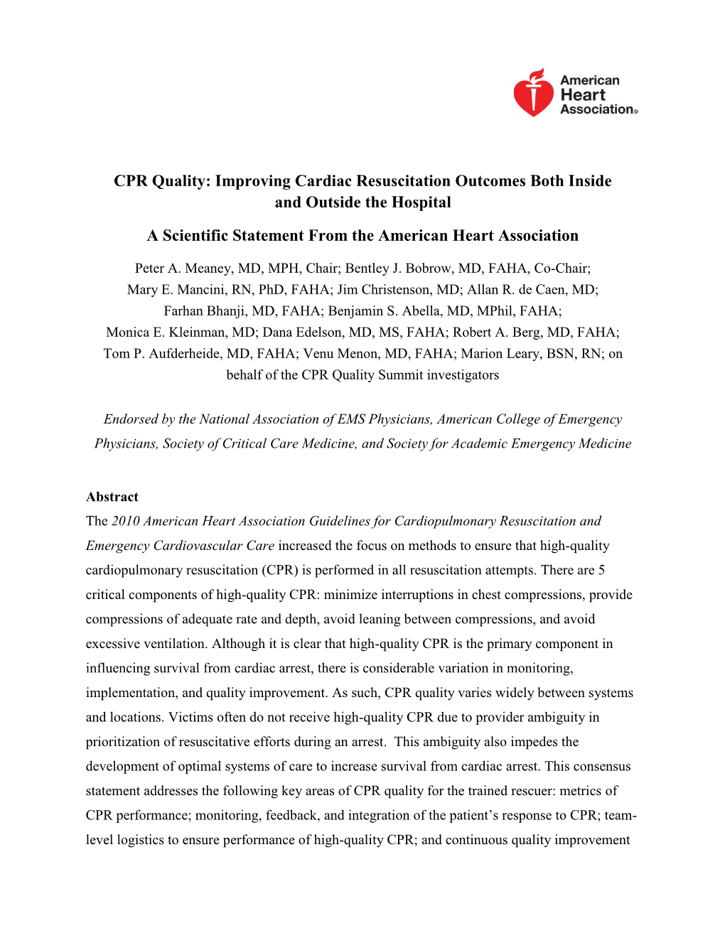 CPR Quality: Improving Cardiac Resuscitation Outcomes Both Inside and Outside the Hospital