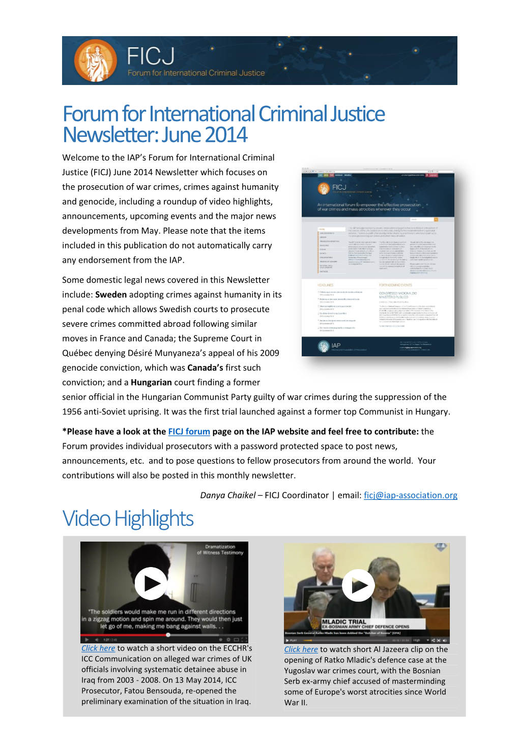 Forum for International Criminal Justice Newsletter: June 2014