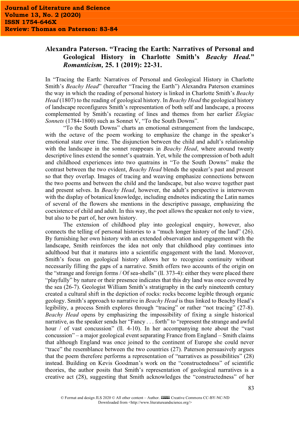 Alexandra Paterson. “Tracing the Earth: Narratives of Personal and Geological History in Charlotte Smith’S Beachy Head.” Romanticism, 25