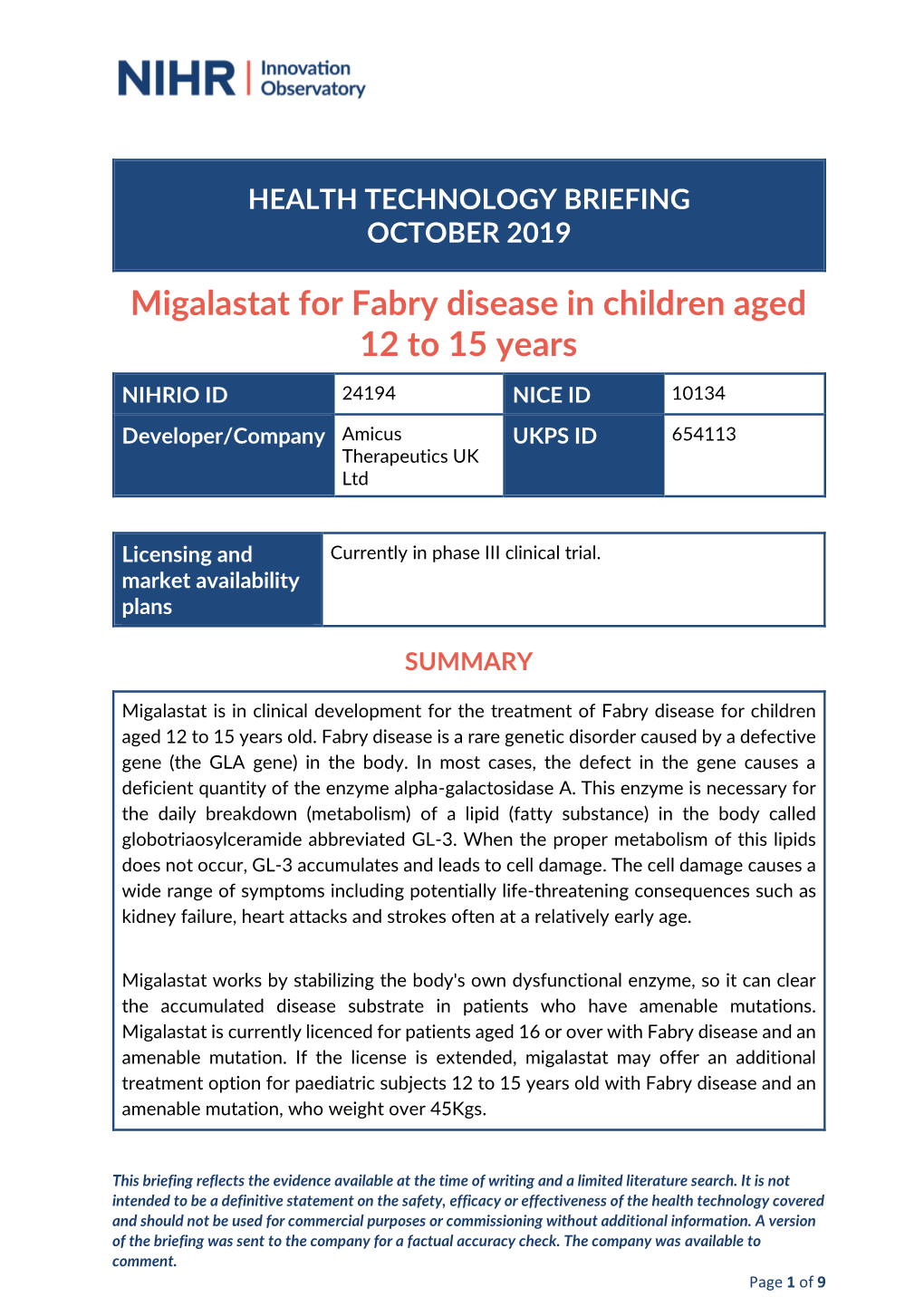 Migalastat for Fabry Disease in Children Aged 12 to 15 Years