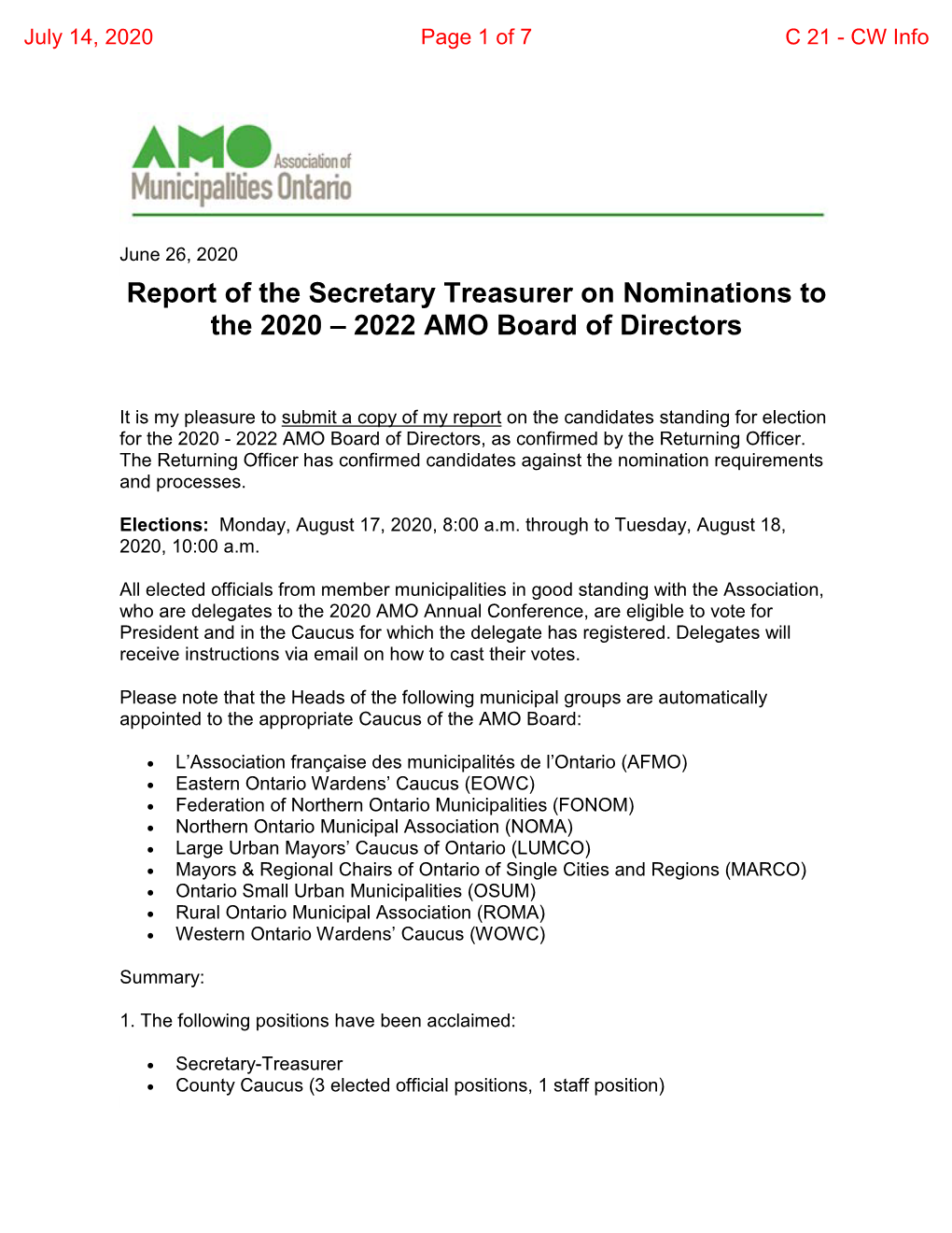 AMO Board Nominations Report