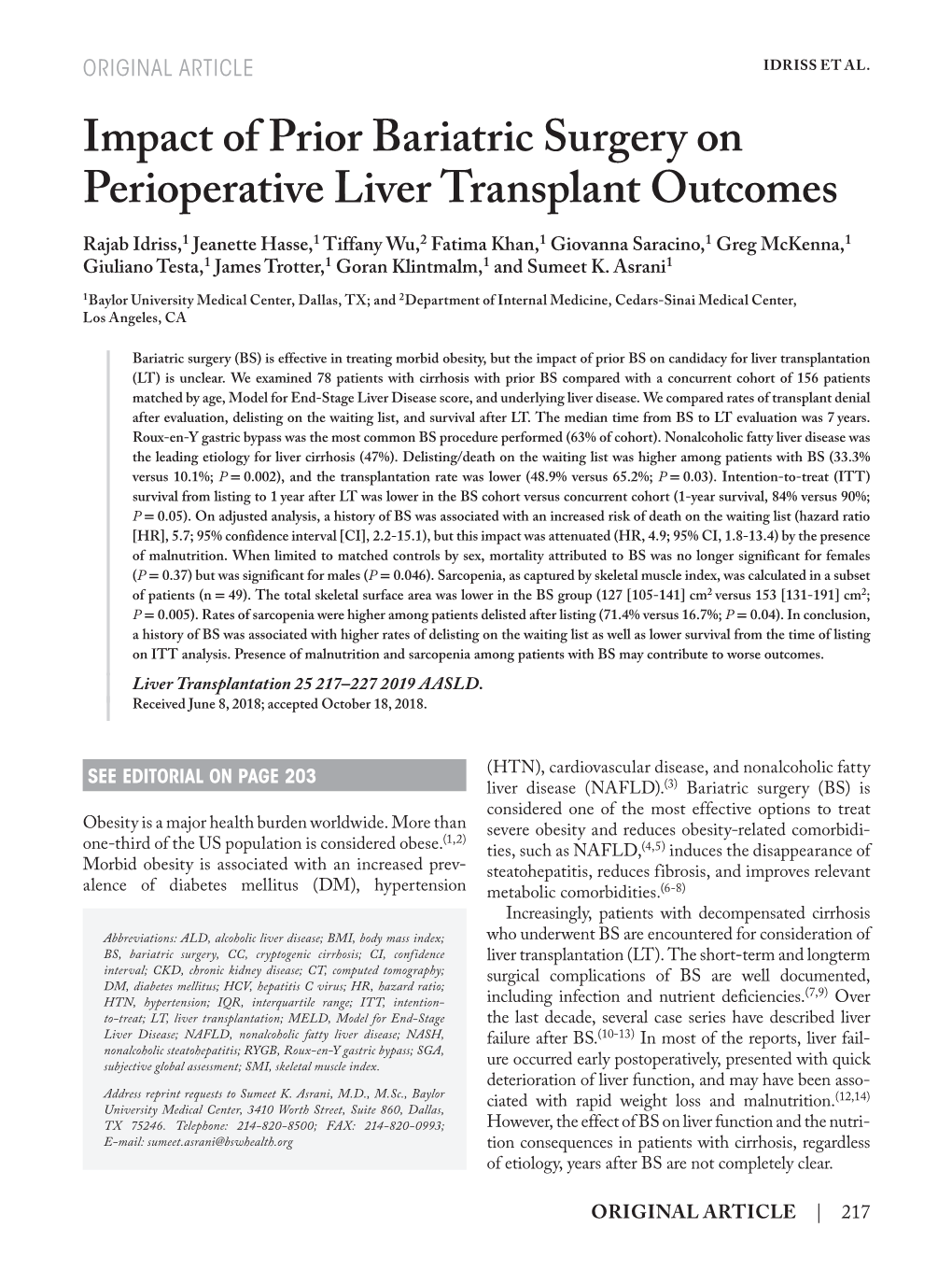 Impact of Prior Bariatric Surgery on Perioperative Liver Transplant