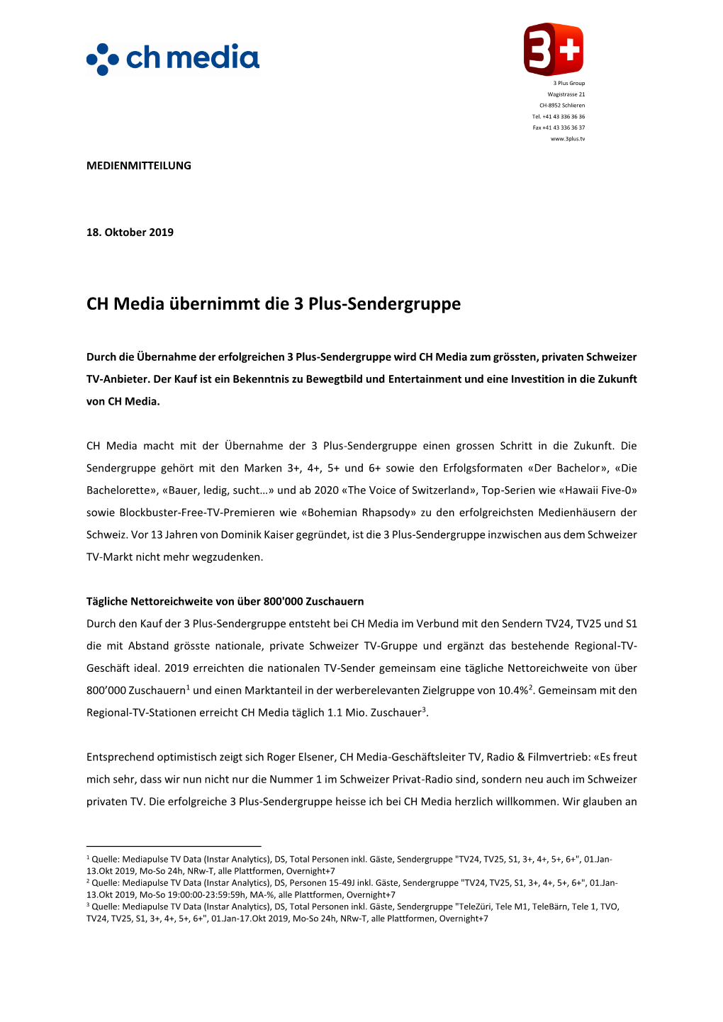 CH Media Übernimmt Die 3 Plus-Sendergruppe