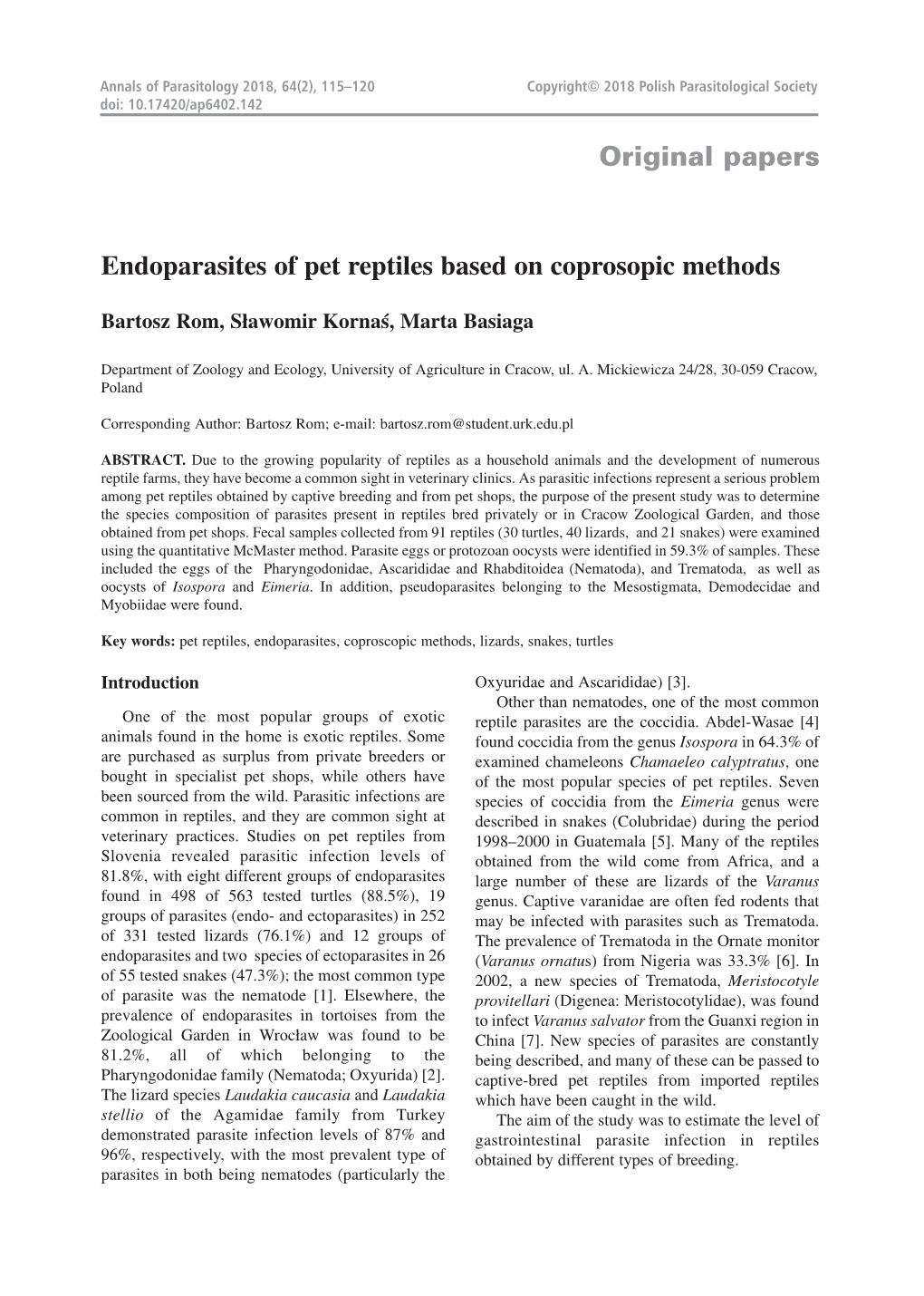 Original Papers Endoparasites of Pet Reptiles Based on Coprosopic Methods