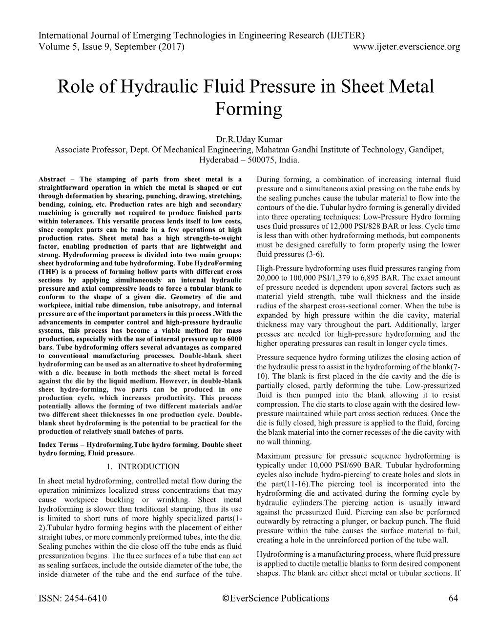 Role of Hydraulic Fluid Pressure in Sheet Metal Forming