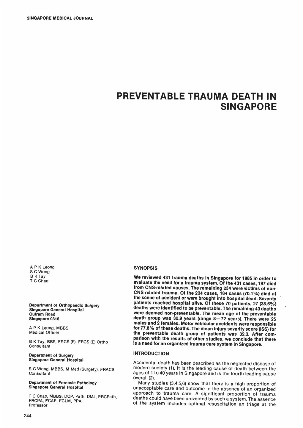 Preventable Trauma Death in Singapore