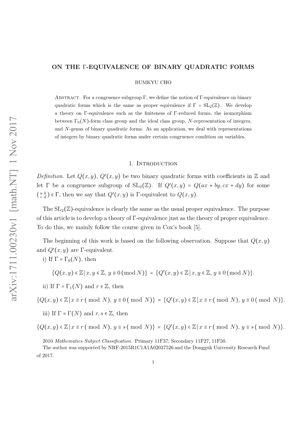 On the $\Gamma $-Equivalence of Binary Quadratic Forms