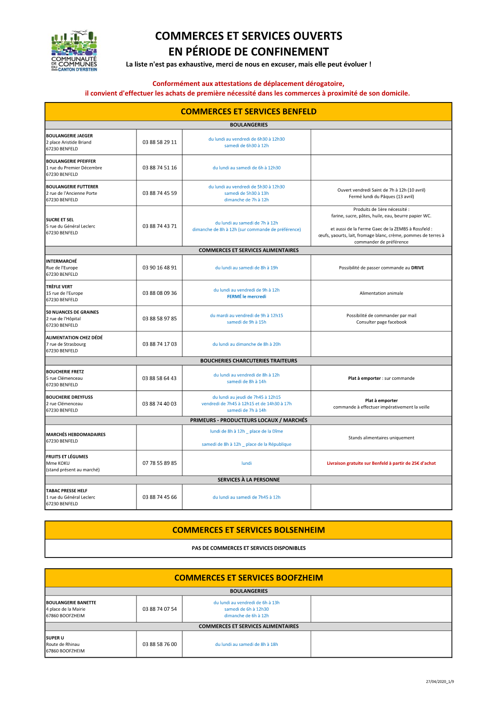 COMMERCES ET SERVICES OUVERTS EN PÉRIODE DE CONFINEMENT La Liste N'est Pas Exhaustive, Merci De Nous En Excuser, Mais Elle Peut Évoluer !