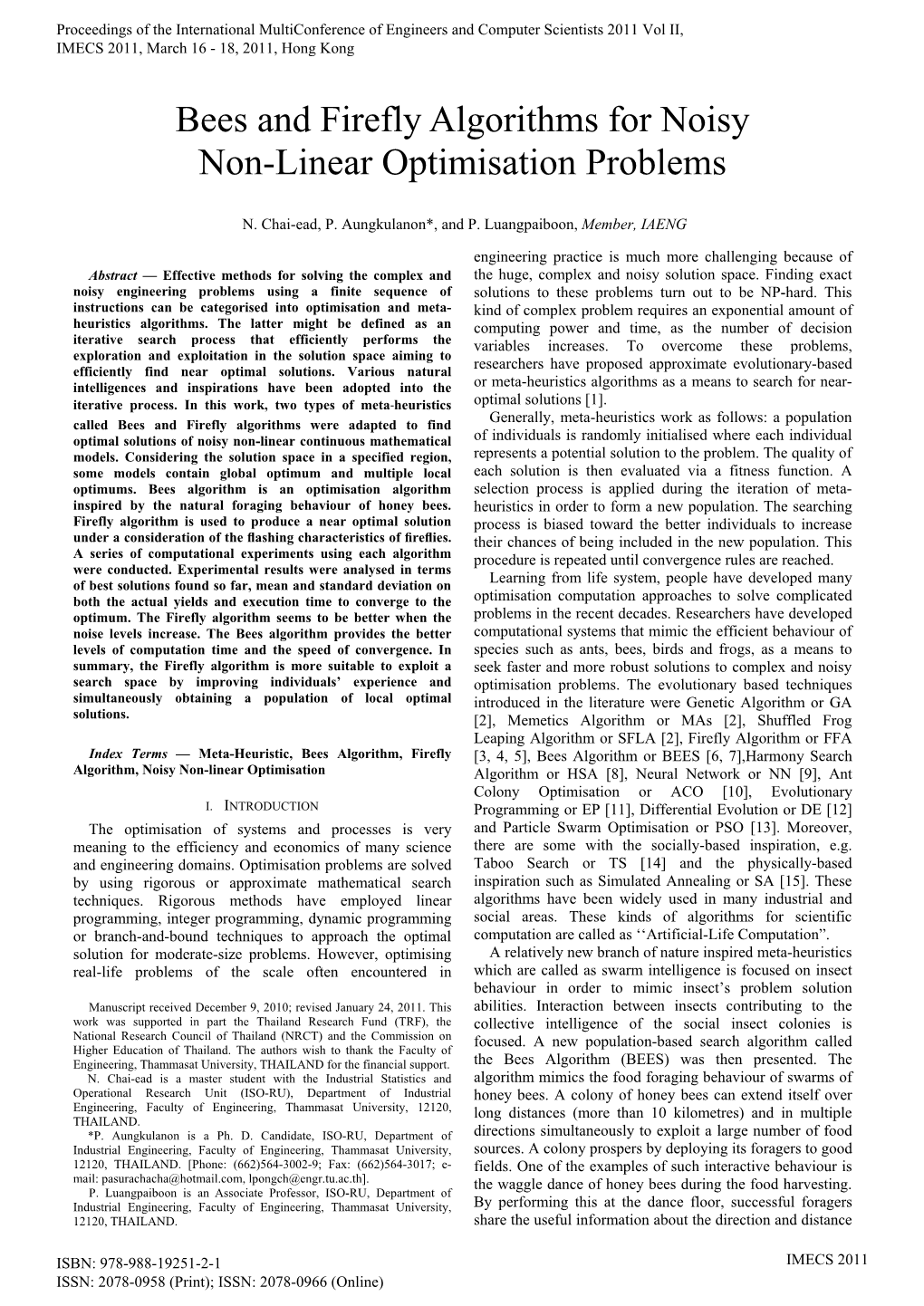 Bees and Firefly Algorithms for Noisy Non-Linear Optimisation Problems