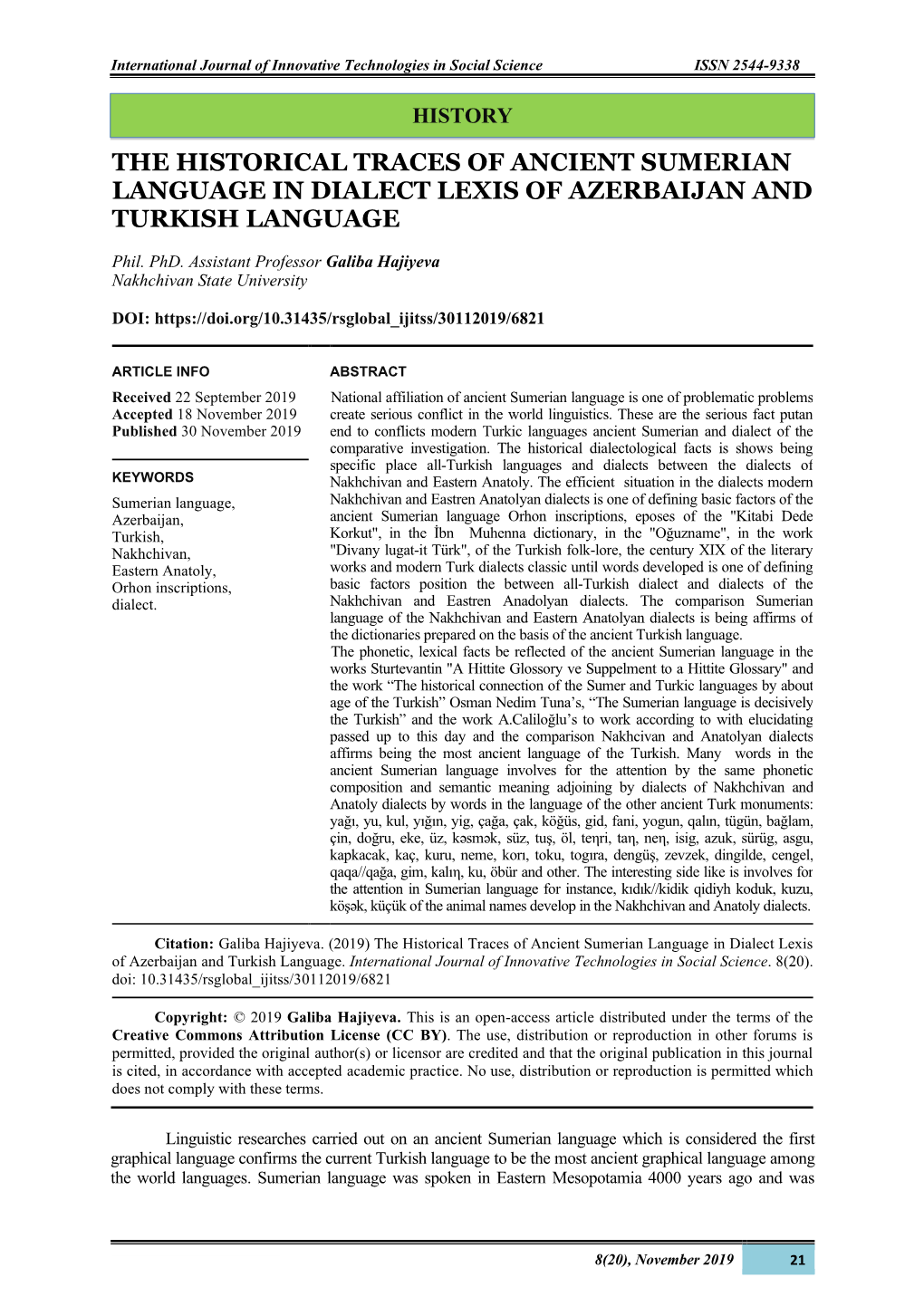 The Historical Traces of Ancient Sumerian Language in Dialect Lexis of Azerbaijan and Turkish Language