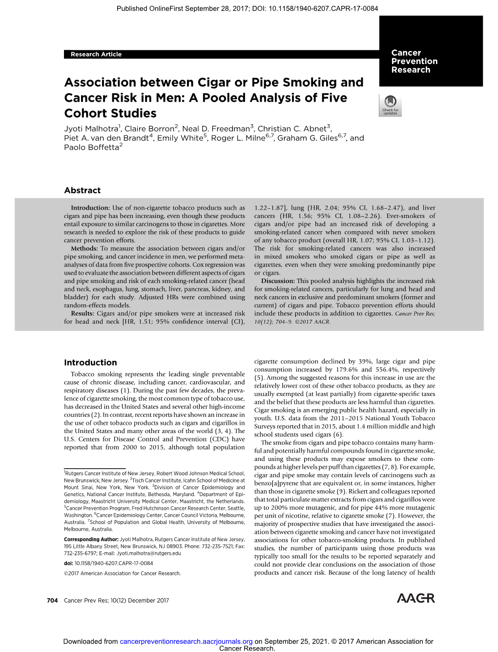 Association Between Cigar Or Pipe Smoking and Cancer Risk in Men: a Pooled Analysis of Five Cohort Studies Jyoti Malhotra1, Claire Borron2, Neal D