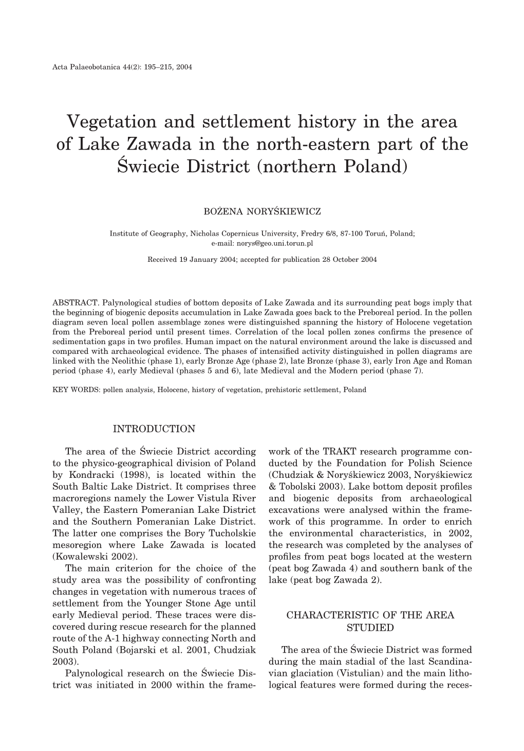 Vegetation and Settlement History in the Area of Lake Zawada in the North-Eastern Part of the Świecie District (Northern Poland)