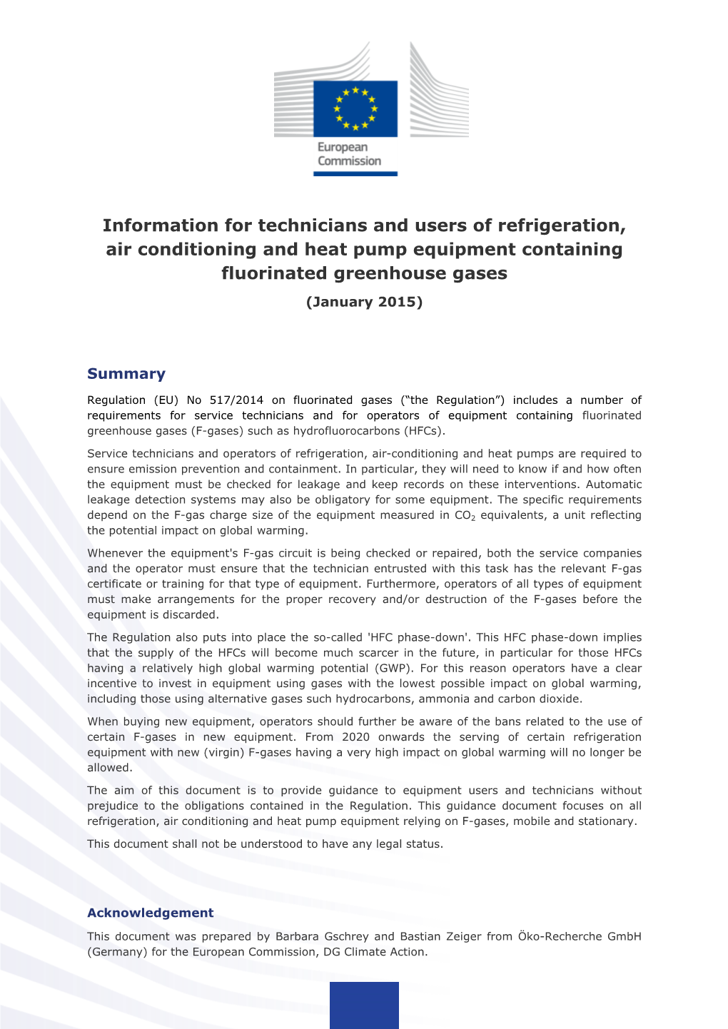 Information for Technicians and Users of Refrigeration, Air Conditioning and Heat Pump Equipment Containing Fluorinated Greenhouse Gases (January 2015)