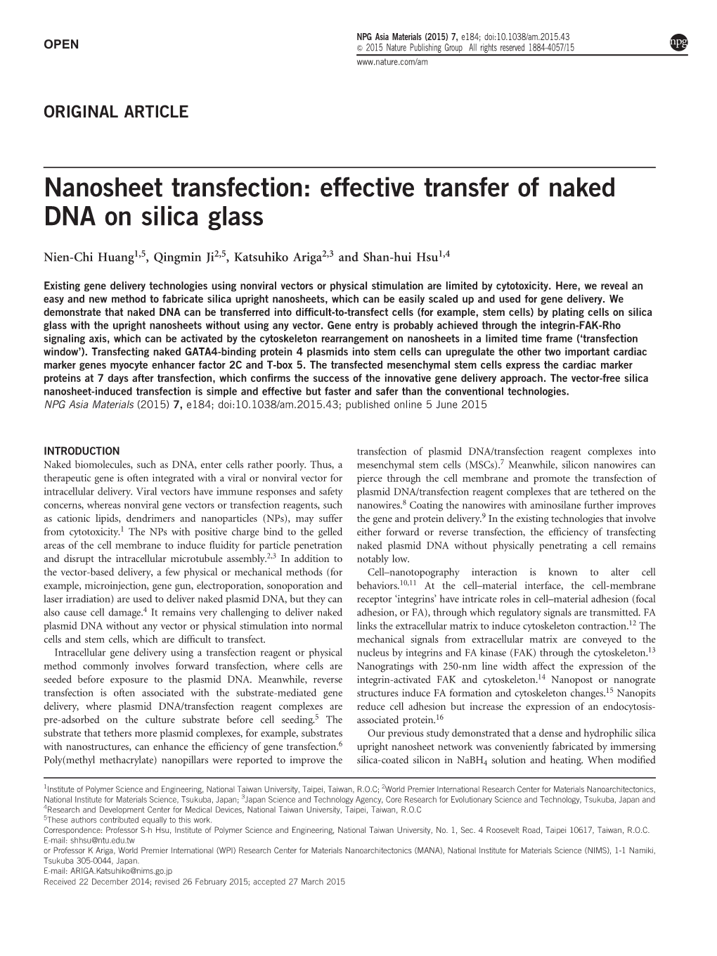 Nanosheet Transfection: Effective Transfer of Naked DNA on Silica Glass