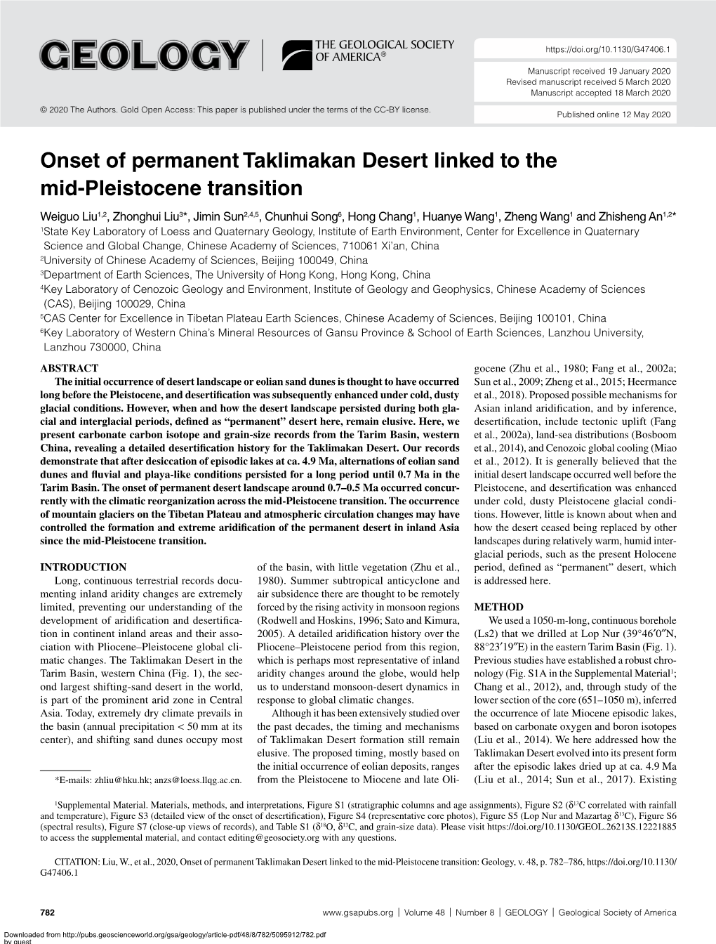 Onset of Permanent Taklimakan Desert Linked to the Mid