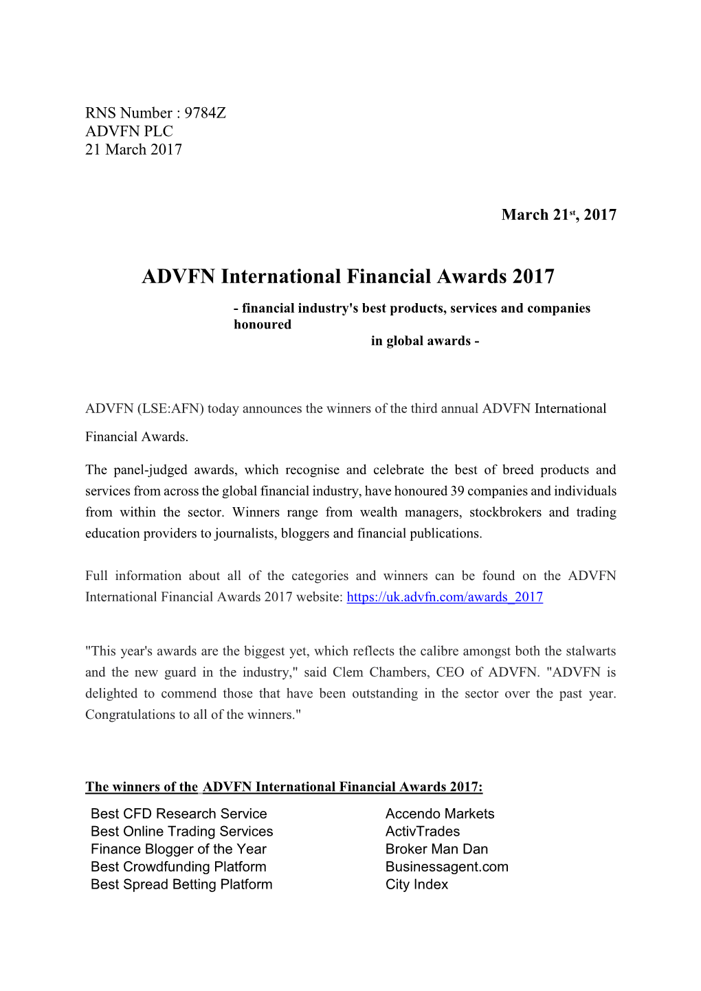 ADVFN International Financial Awards 2017 - Financial Industry's Best Products, Services and Companies Honoured in Global Awards