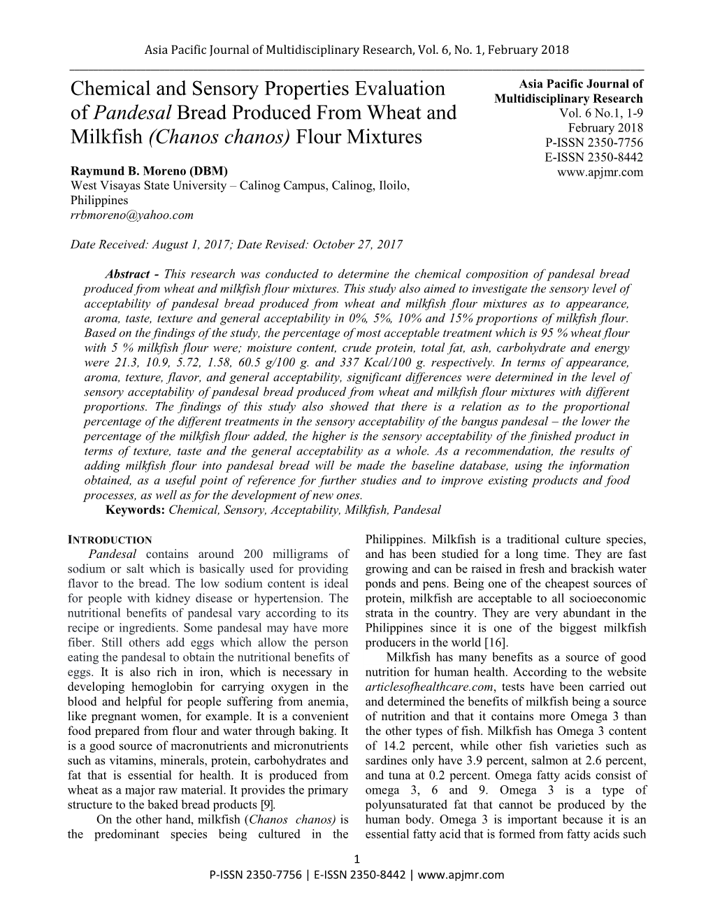 Chemical and Sensory Properties Evaluation of Pandesal Bread Produced from Wheat and Milkfish