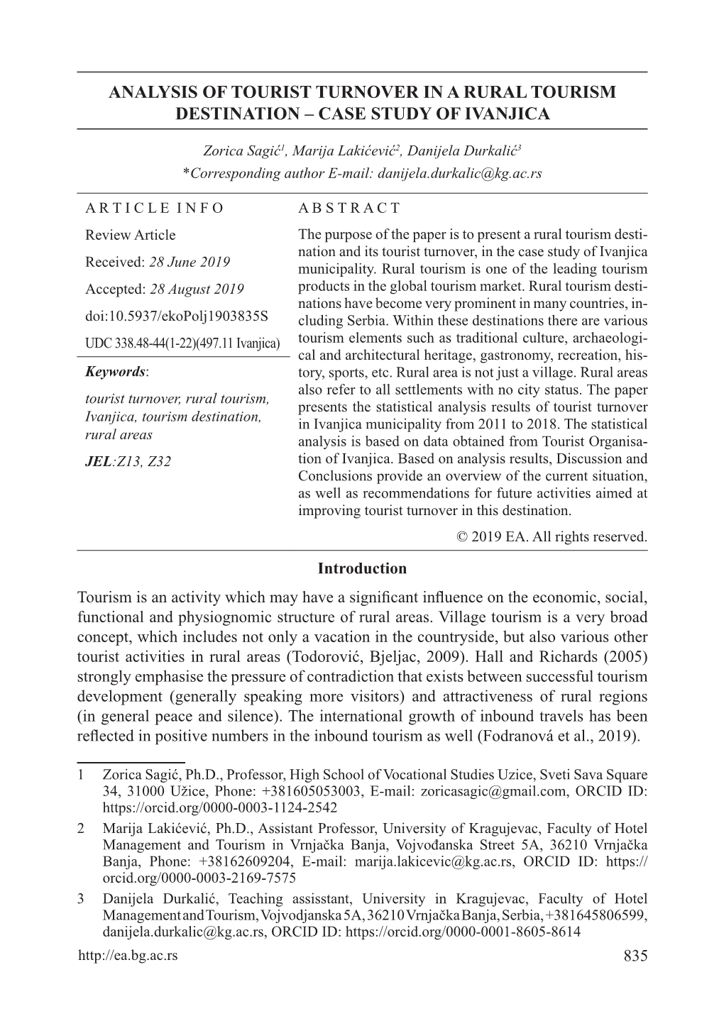 Analysis of Tourist Turnover in a Rural Tourism Destination – Case Study of Ivanjica