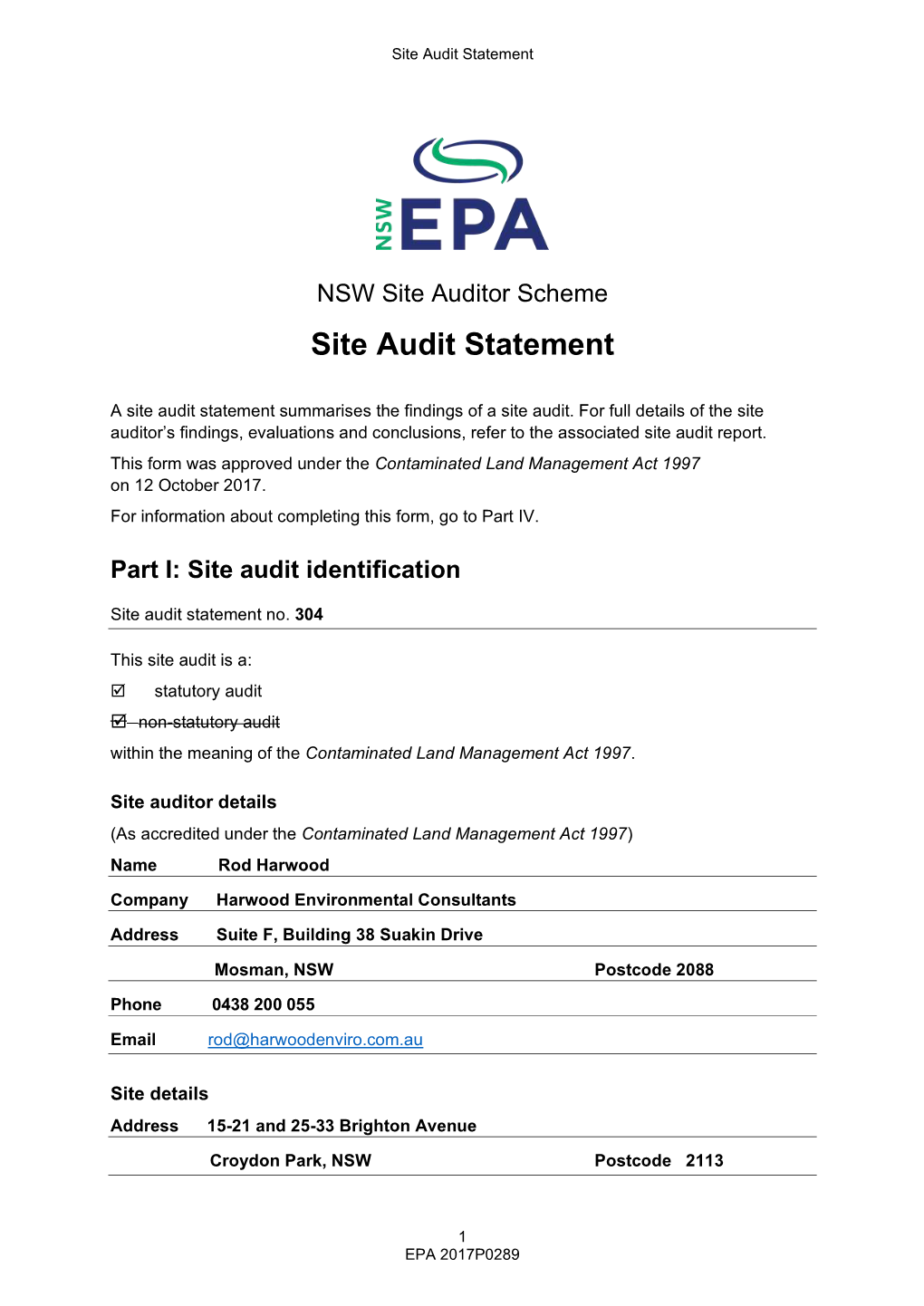 NSW Site Auditor Scheme Site Audit Statement