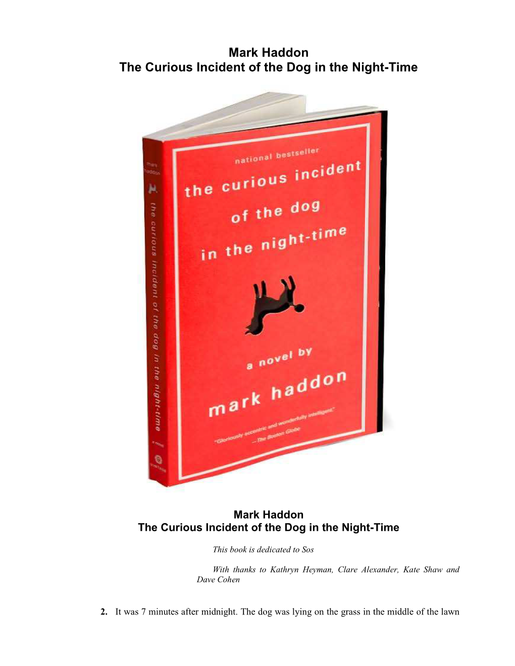 Mark Haddon the Curious Incident of the Dog in the Night-Time