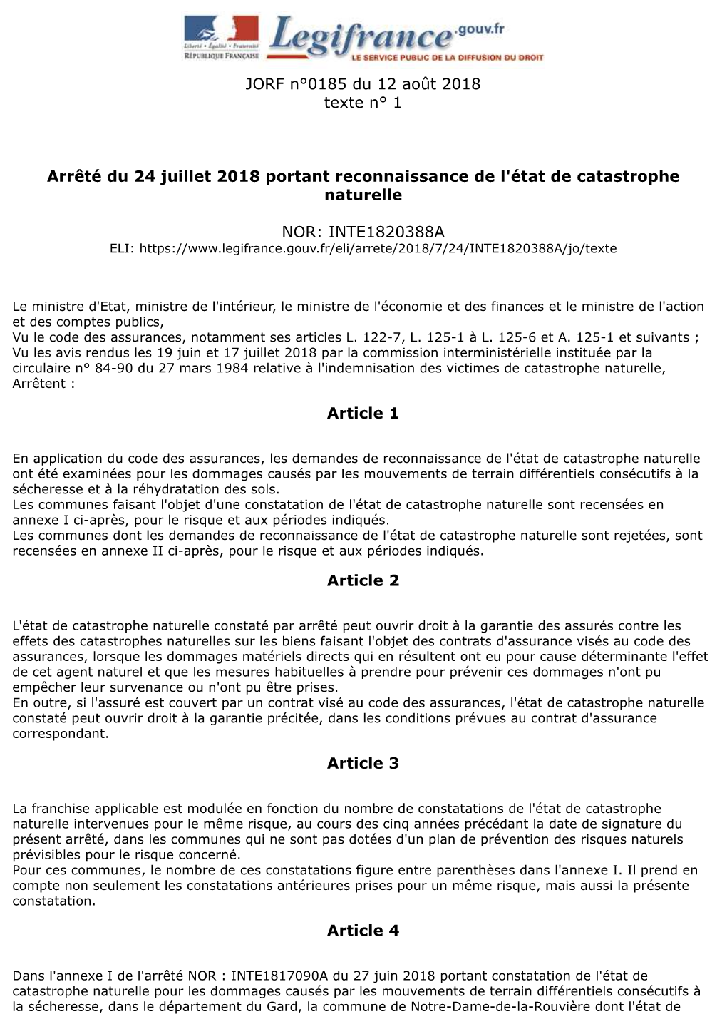 Arrêté Du 24 Juillet 2018 Portant Reconnaissance De L'état De Catastrophe Naturelle