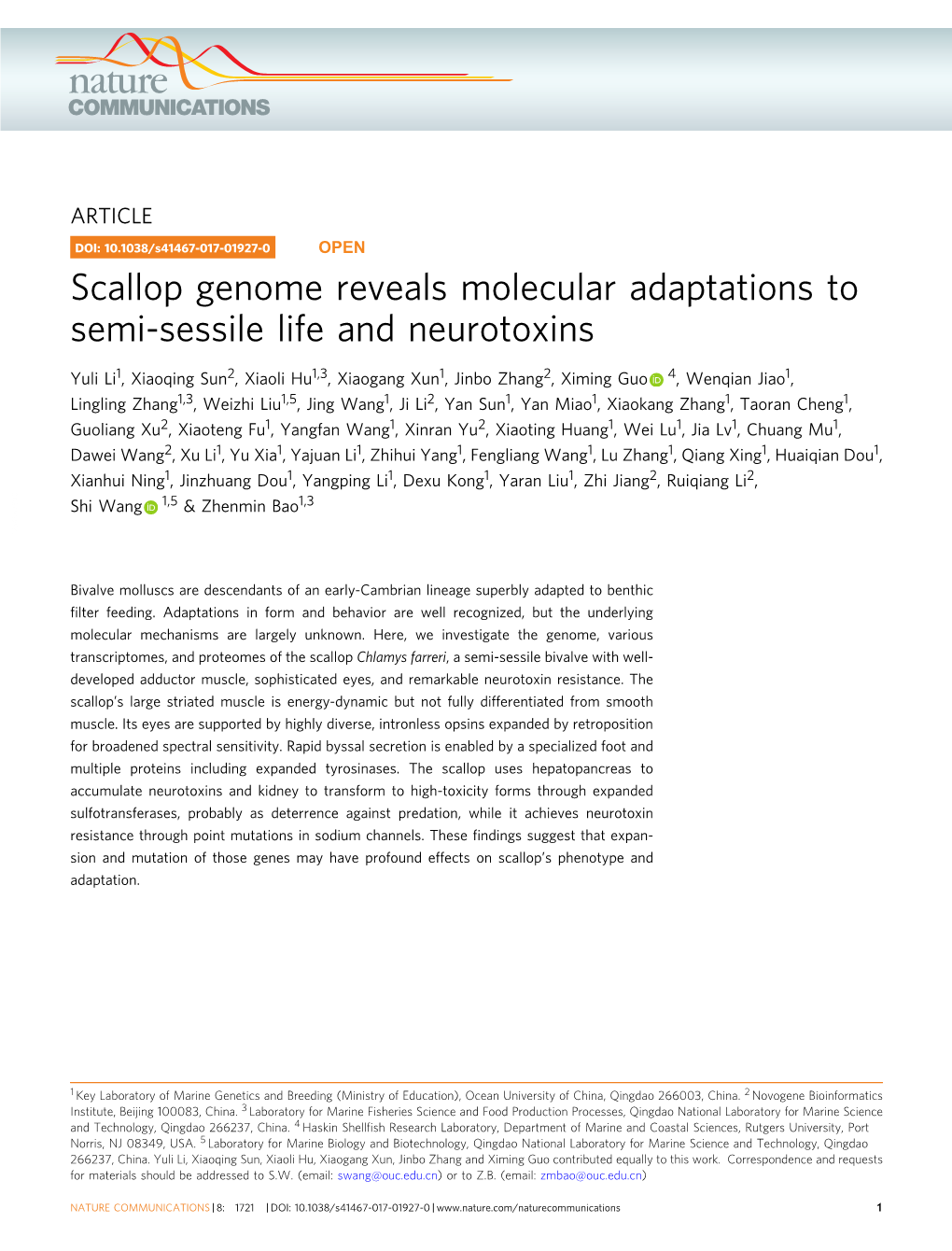 Scallop Genome Reveals Molecular Adaptations to Semi-Sessile Life and Neurotoxins