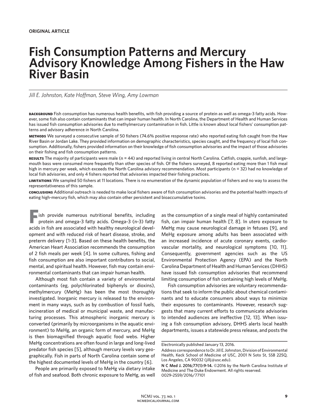 Fish Consumption Patterns and Mercury Advisory Knowledge Among Fishers in the Haw River Basin