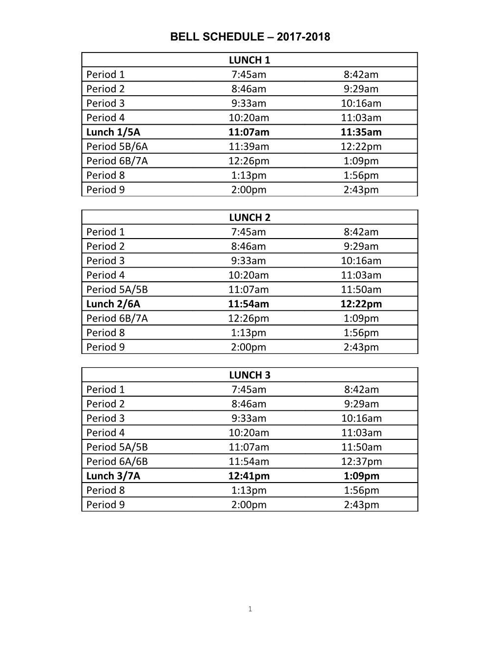 Bell Schedule 2017-2018