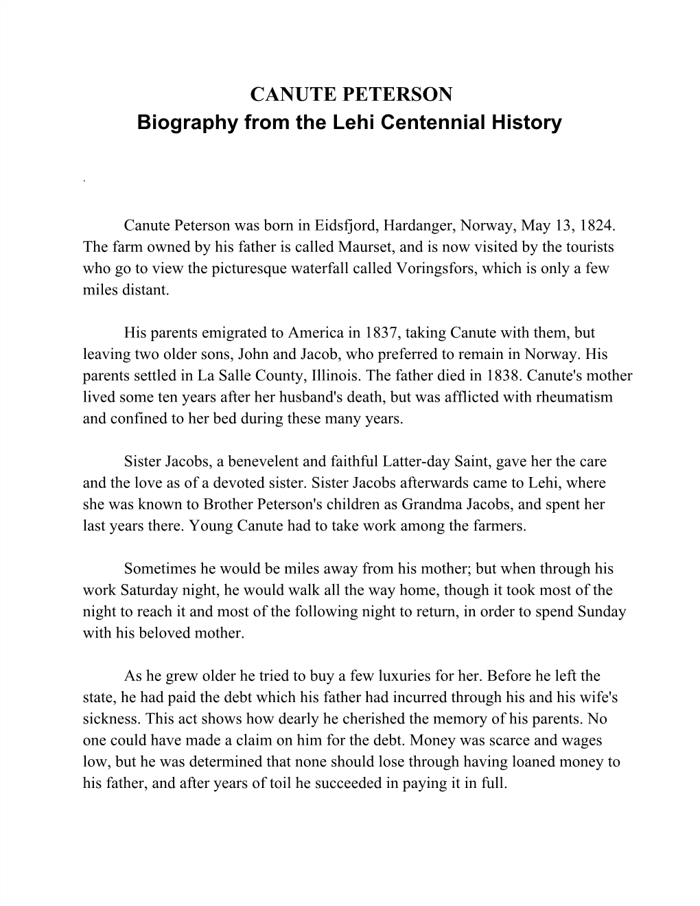 CANUTE PETERSON Biography from the Lehi Centennial History