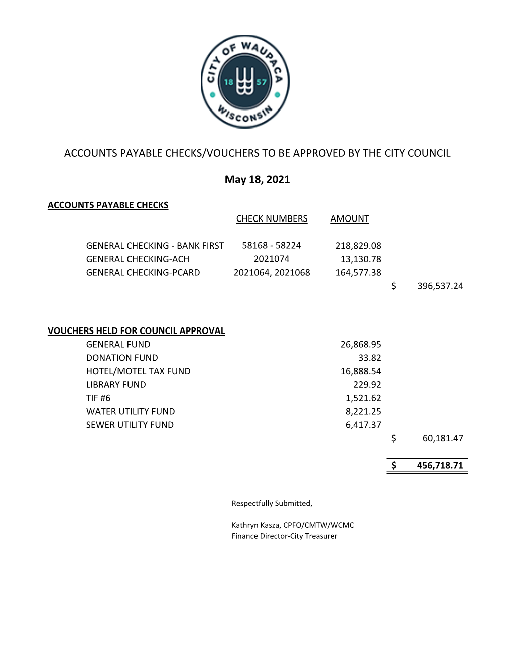 ACCOUNTS PAYABLE CHECKS/VOUCHERS to BE APPROVED by the CITY COUNCIL May 18, 2021