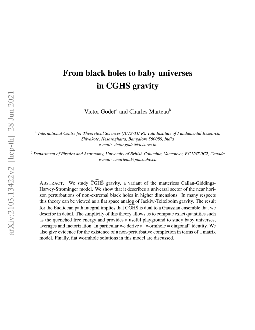 From Black Holes to Baby Universes in CGHS Gravity Arxiv:2103.13422V2